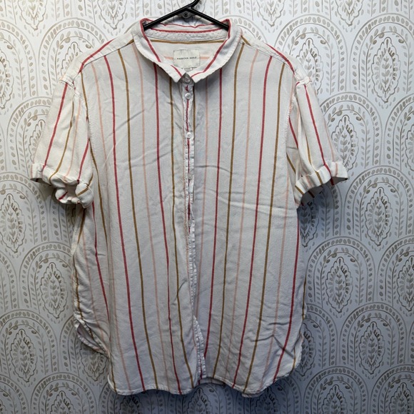American Eagle Tops - American Eagle Women's XL Striped Short Sleeve Button Down Linen Blend Shirt